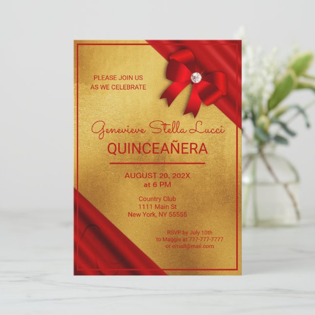 Inbjudan till chic Red and Guld Quinceañera Party (Stående Fram)