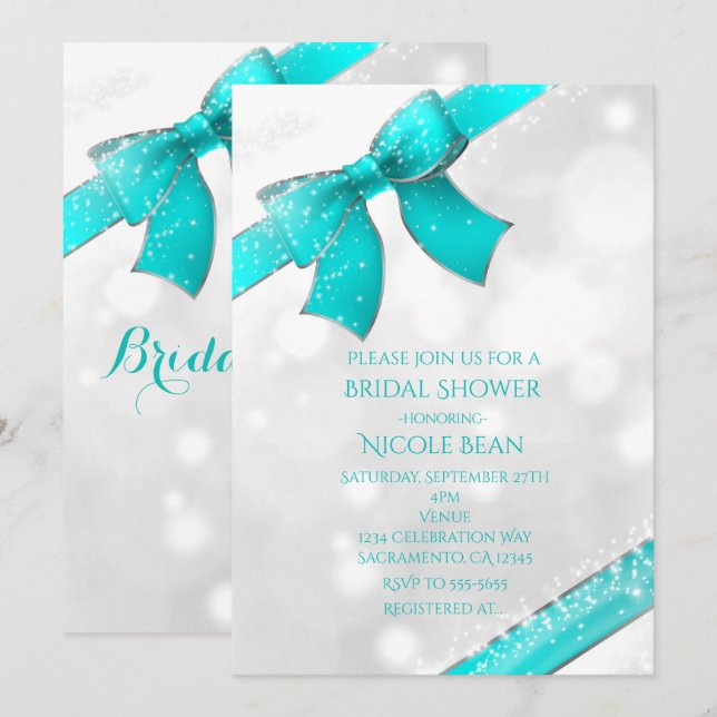 Inbjudan till Chicen Aqua Turcos Blue Bow & Sparkl (Fram/baksida)