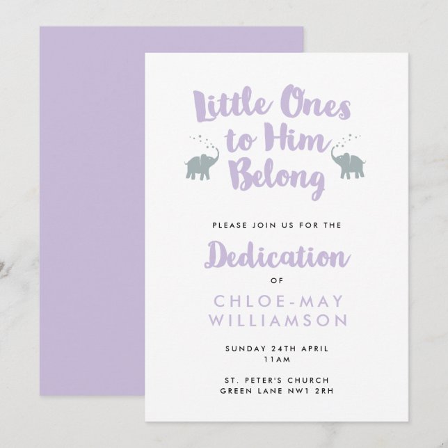 Inbjudan till Christian Dedication på Lilac Elepha (Fram/baksida)