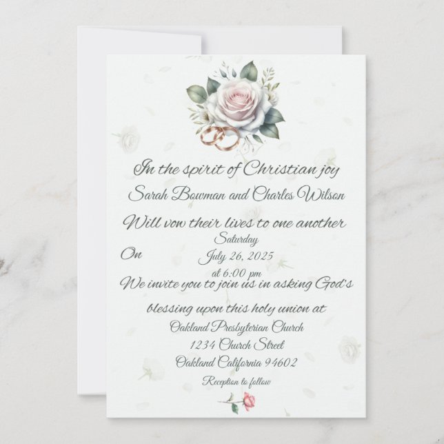 Inbjudan till Christian Wedding i rosa ros och Rin (Framsida)