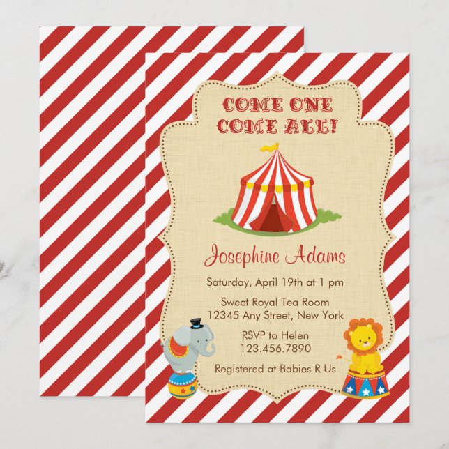 Inbjudan till Circus Animal Baby Shower (Fram/baksida)