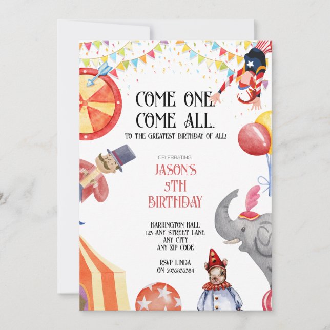 Inbjudan till Circus/Carnival Theckes Kids Party (Framsida)