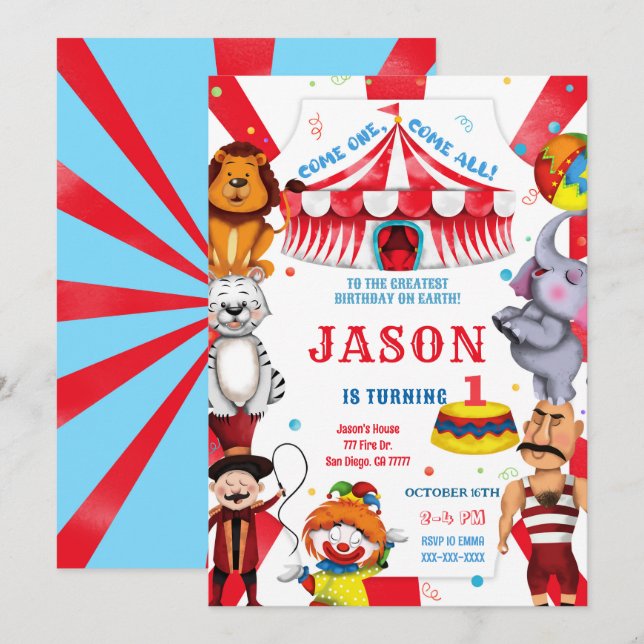 Inbjudan till Circus-födelsedagen (Fram/baksida)