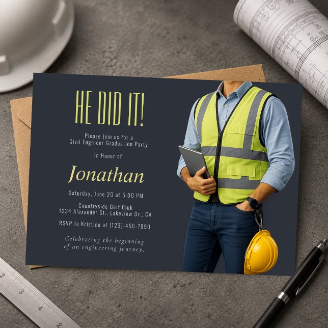 Inbjudan till Civilingenjörsexamen (Modern civil engineer graduation invitation with a clean industrial-inspired design.)