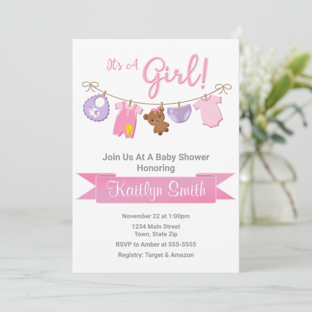 Inbjudan till Clothesline Baby Shower Flicka (Stående Fram)