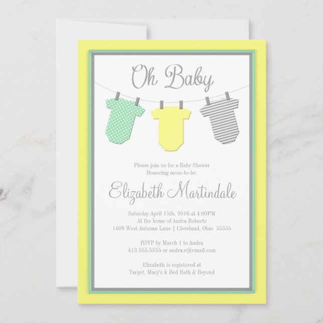Inbjudan till Clothesline Gult & Aqua Baby Shower (Framsida)