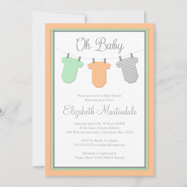 Inbjudan till Clothesline Peach Mint Flicka Shower (Framsida)