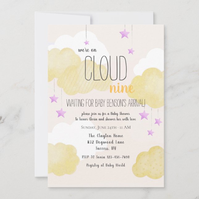 Inbjudan till Cloud 9 Baby Shower i Guld (Framsida)
