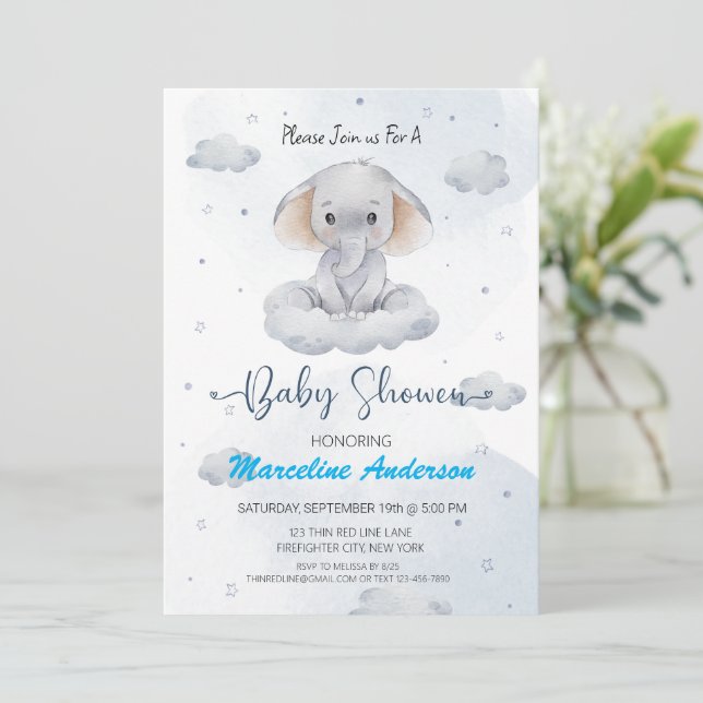 Inbjudan till Cloud Elephant Blue Baby Shower (Stående Fram)