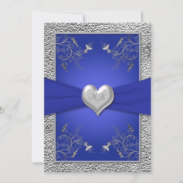 Inbjudan till Cobalt Blue och Pewter Heart Monogra (Framsida)