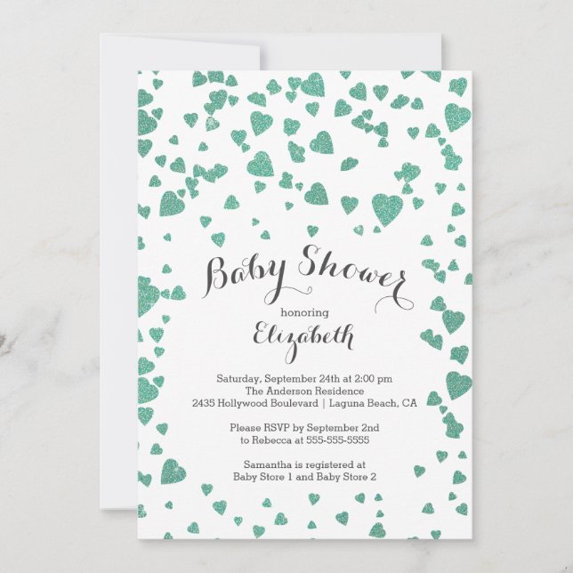 Inbjudan till Confetti Glitter Heart Baby Shower (Framsida)