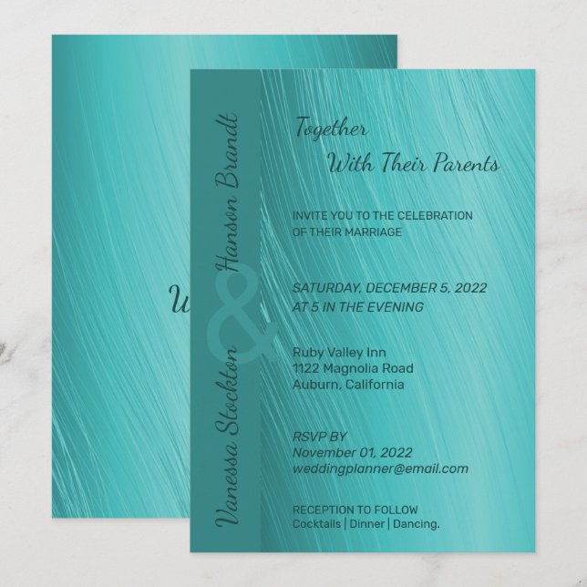 Inbjudan till contemporary Teal Wedding (Fram/baksida)
