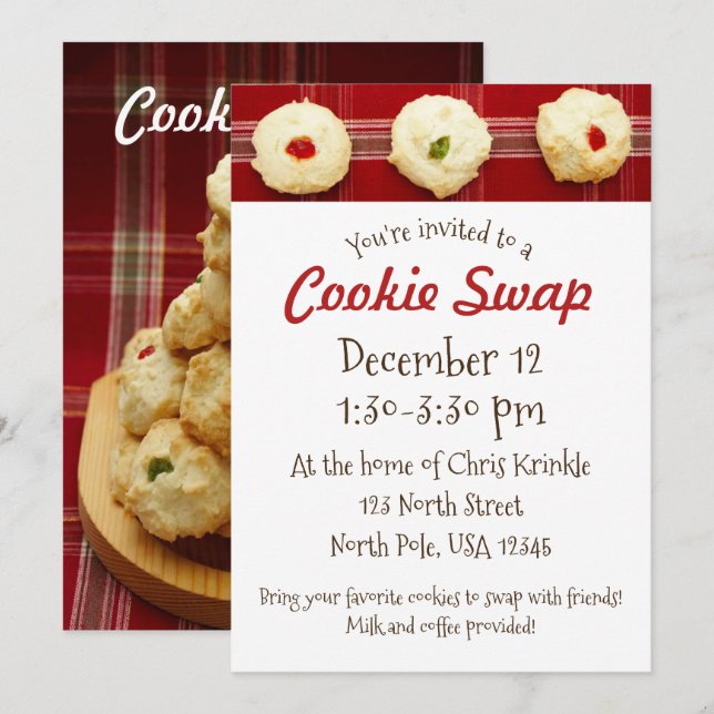 Inbjudan till Cookie Swap med röda rutiga tumgrepp (Fram/baksida)