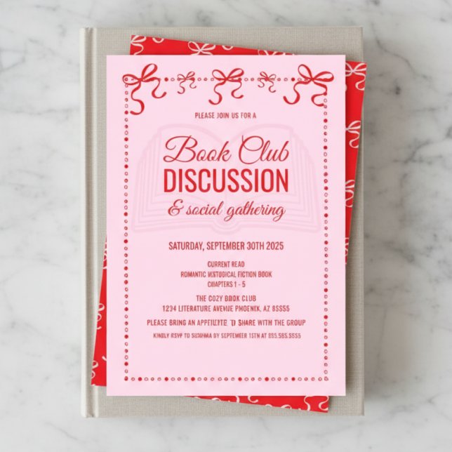 Inbjudan till Coquette Rosa Bokklubb (red and pink hand drawn doodle book club theme party invitation with coquette bows and script font)