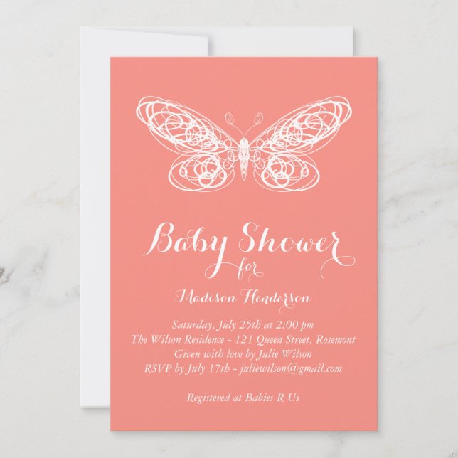 Inbjudan till Coral Butterfly Baby Shower (Framsida)