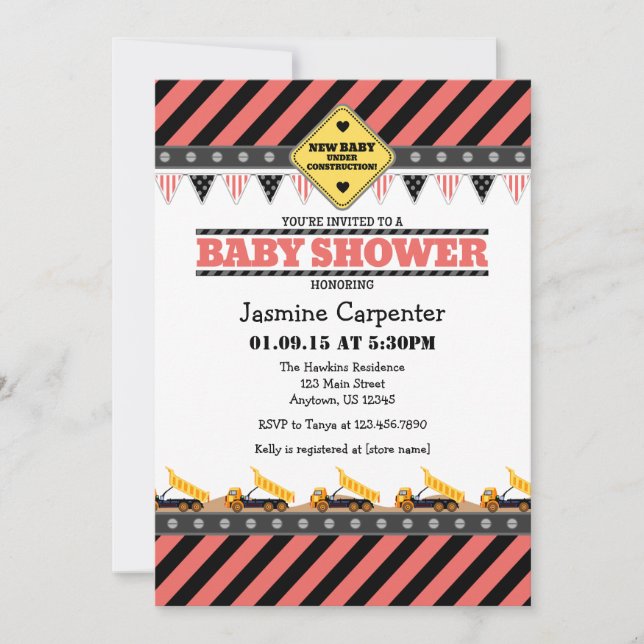 Inbjudan till Coral Construction Baby Shower (Framsida)