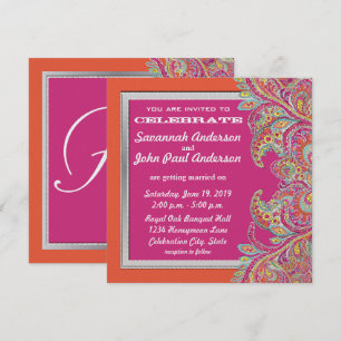 Inbjudan till Coral och Rosa Paisley Peacock Weddi