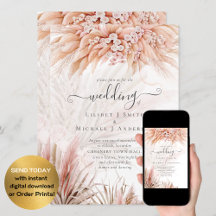 Inbjudan till Coral Pampas Grass BOHO-bröllop