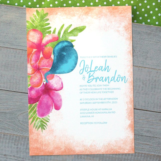Inbjudan till Coral Rosa Malibu Blue Tropical Wedd (pink coral turquoise tropical flower wedding invitations)