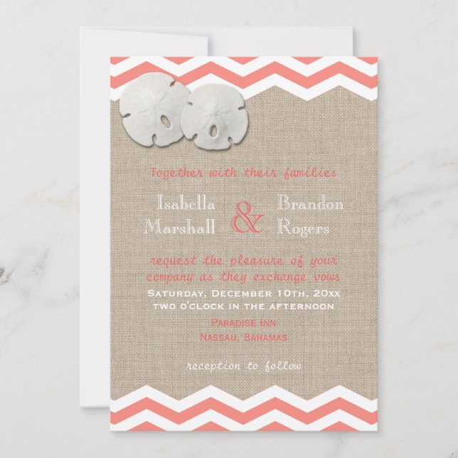 Inbjudan till Coral Sand Dollar & Chevron Wedding (Framsida)