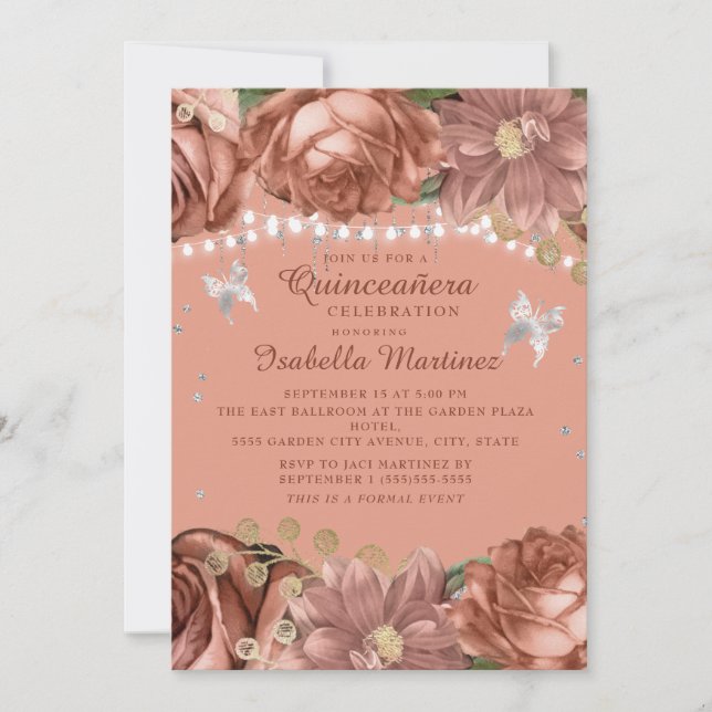 Inbjudan till Coral Silver Butterflies Quinceañera (Framsida)
