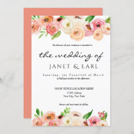 Inbjudan till Coral Vår Blommigt Bröllop Löv