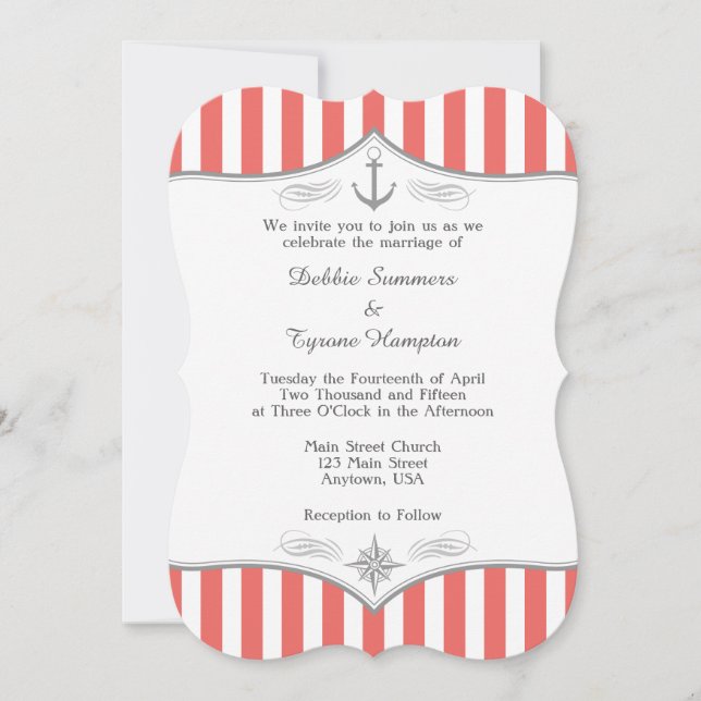 Inbjudan till Coral White Grått Nautical Wedding (Framsida)