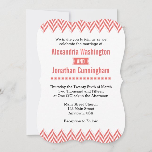 Inbjudan till Coral White Herringbone Wedding (Framsida)