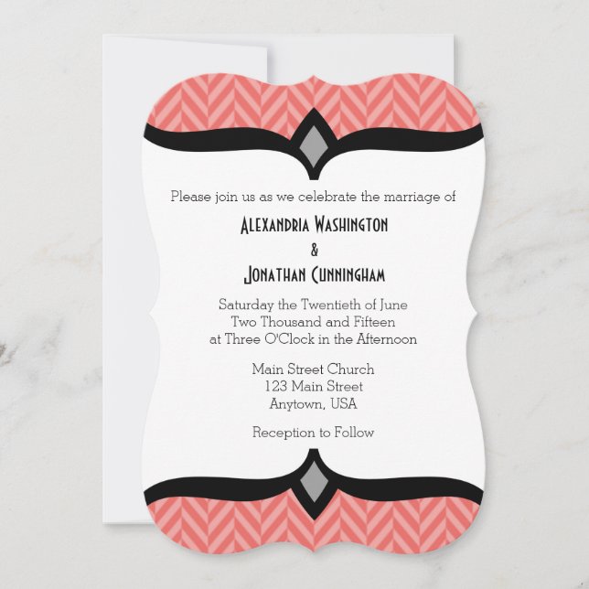 Inbjudan till Coral White Herringbone Wedding (Framsida)