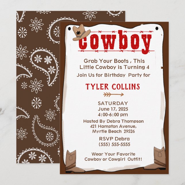 Inbjudan till Cowboy Boot och Hat Birthday (Fram/baksida)