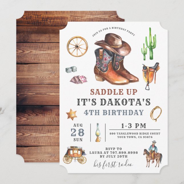 Inbjudan till Cowboy Boy 4e födelsedagen (Fram/baksida)