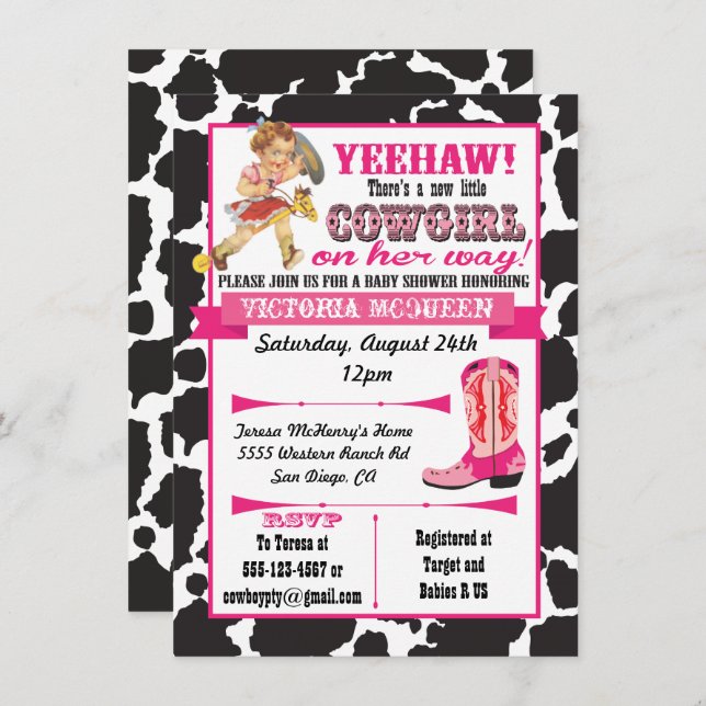 Inbjudan till Cowgirl Baby Shower (Fram/baksida)