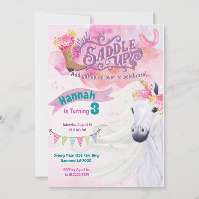 Inbjudan till Cowgirl Birthday Investigation Horse (Framsida)