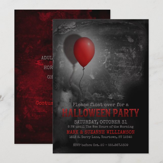 Inbjudan till Creepy Red Balloon Halloween fest (Fram/baksida)