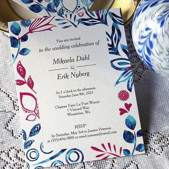 Inbjudan till Crystal Blue och Deep Rosa Wedding (Magenta & Blue Leaves & Flowers Decorative Border Wedding Invitation)