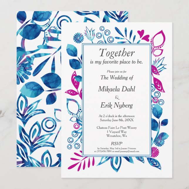 Inbjudan till Crystal Blue- och Magenta-Blommigt (Fram/baksida)