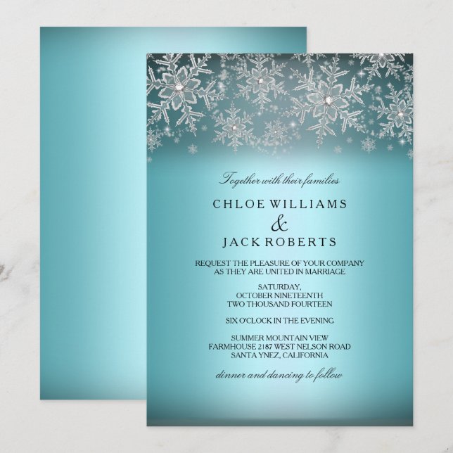 Inbjudan till Crystal Snowflake Blue Winter Weddin (Fram/baksida)