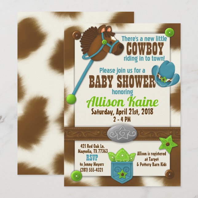 Inbjudan till Cuptårta Cowboyen Pojke Shower- (Fram/baksida)
