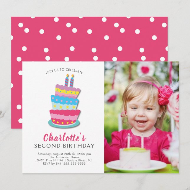 Inbjudan till Cute Birthday Cake 2:a födelsedagen (Fram/baksida)