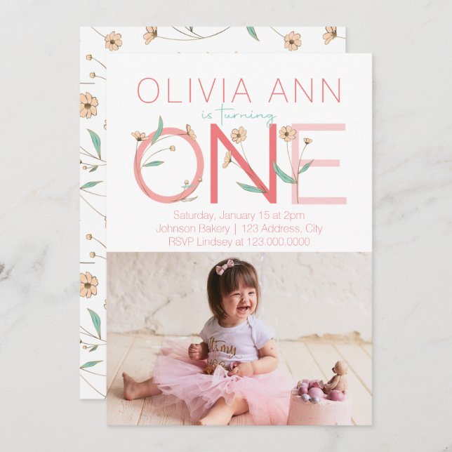 Inbjudan till Cute Blommigt Photo First Birthday (Fram/baksida)