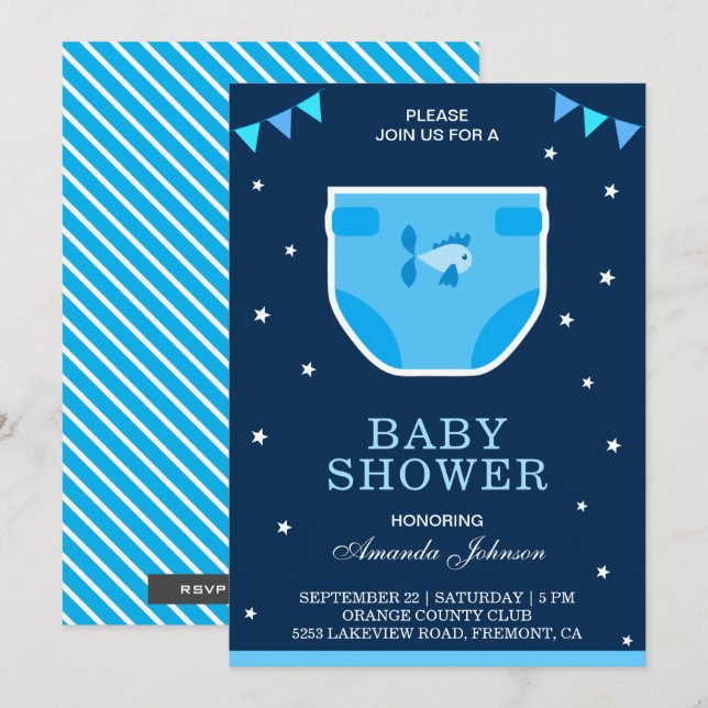 Inbjudan till Cute Blue Boys Diaper Baby Shower (Fram/baksida)