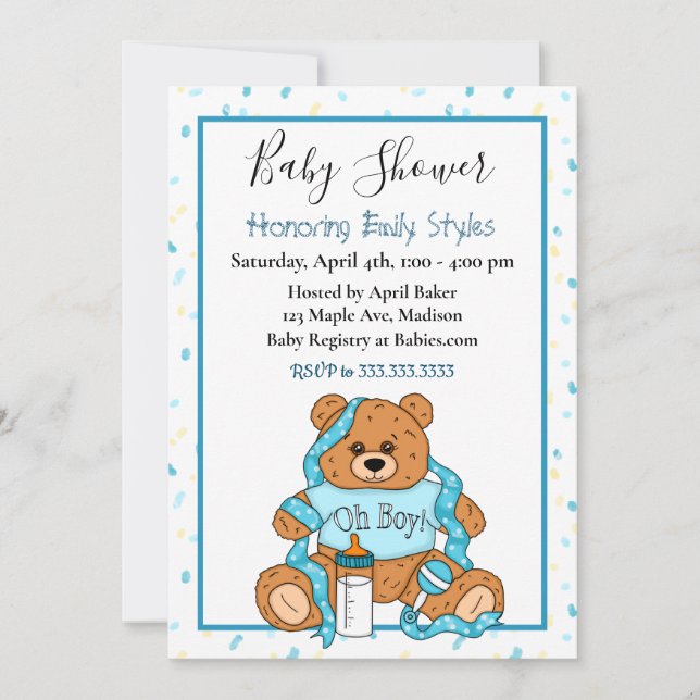Inbjudan till Cute Blue Boy's Nalle Baby Shower (Framsida)