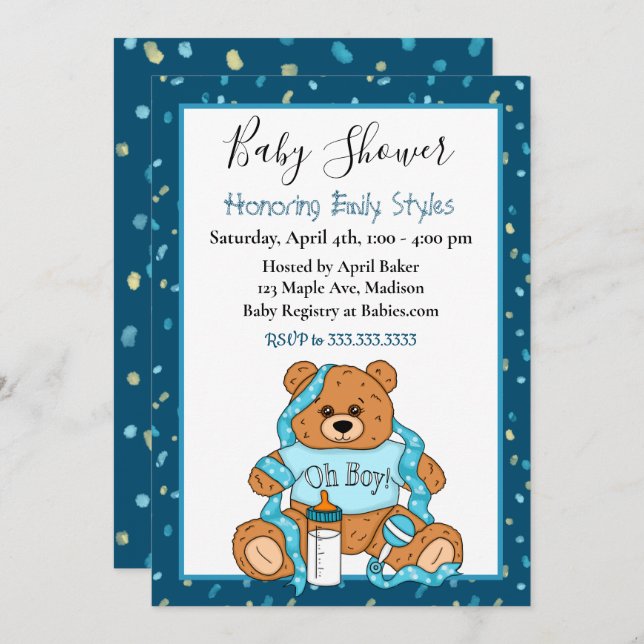 Inbjudan till Cute Blue Boy's Nalle Baby Shower (Fram/baksida)