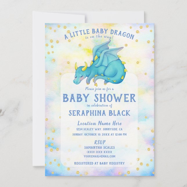Inbjudan till Cute Blue Dragon Baby Shower (Framsida)