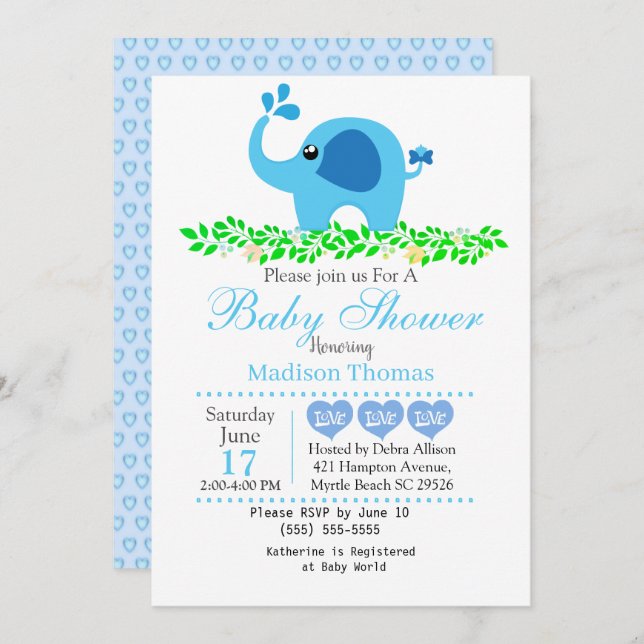 Inbjudan till Cute Blue Elephant Boy Baby Shower (Fram/baksida)