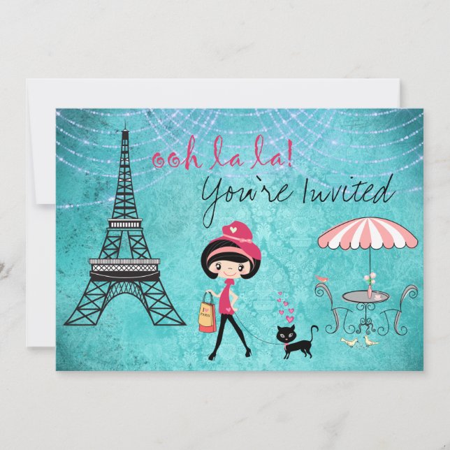 Inbjudan till Cute Blue Girl och Cat Paris Birthda (Framsida)