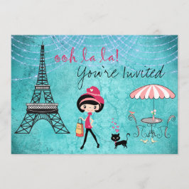 Inbjudan till Cute Blue Girl och Cat Paris Birthda
