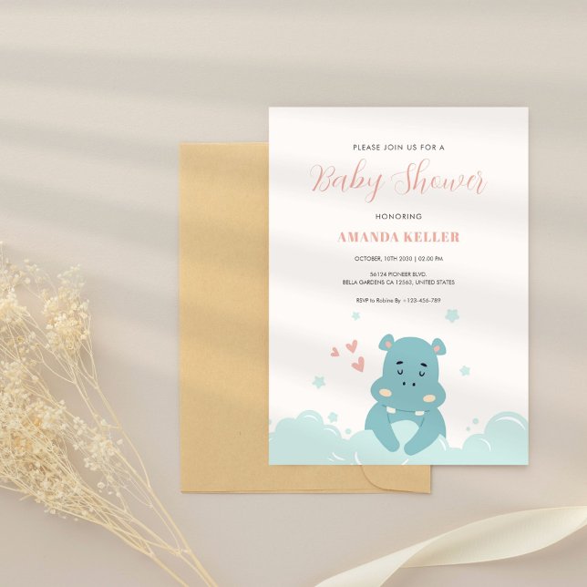 Inbjudan till Cute Blue Hippo Baby Shower (Skapare uppladdad)