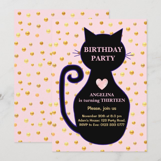 Inbjudan till Cute Cat Birthday (Fram/baksida)