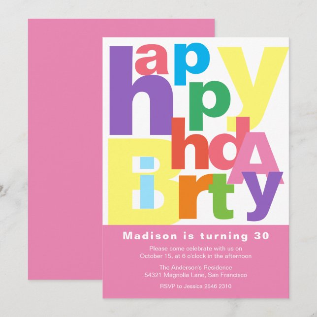 Inbjudan till Cute Colorful Grattis på födelsedage (Fram/baksida)
